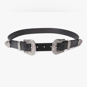 Pieces Black Double Buckle Belt with Silver Accents & Floral Details